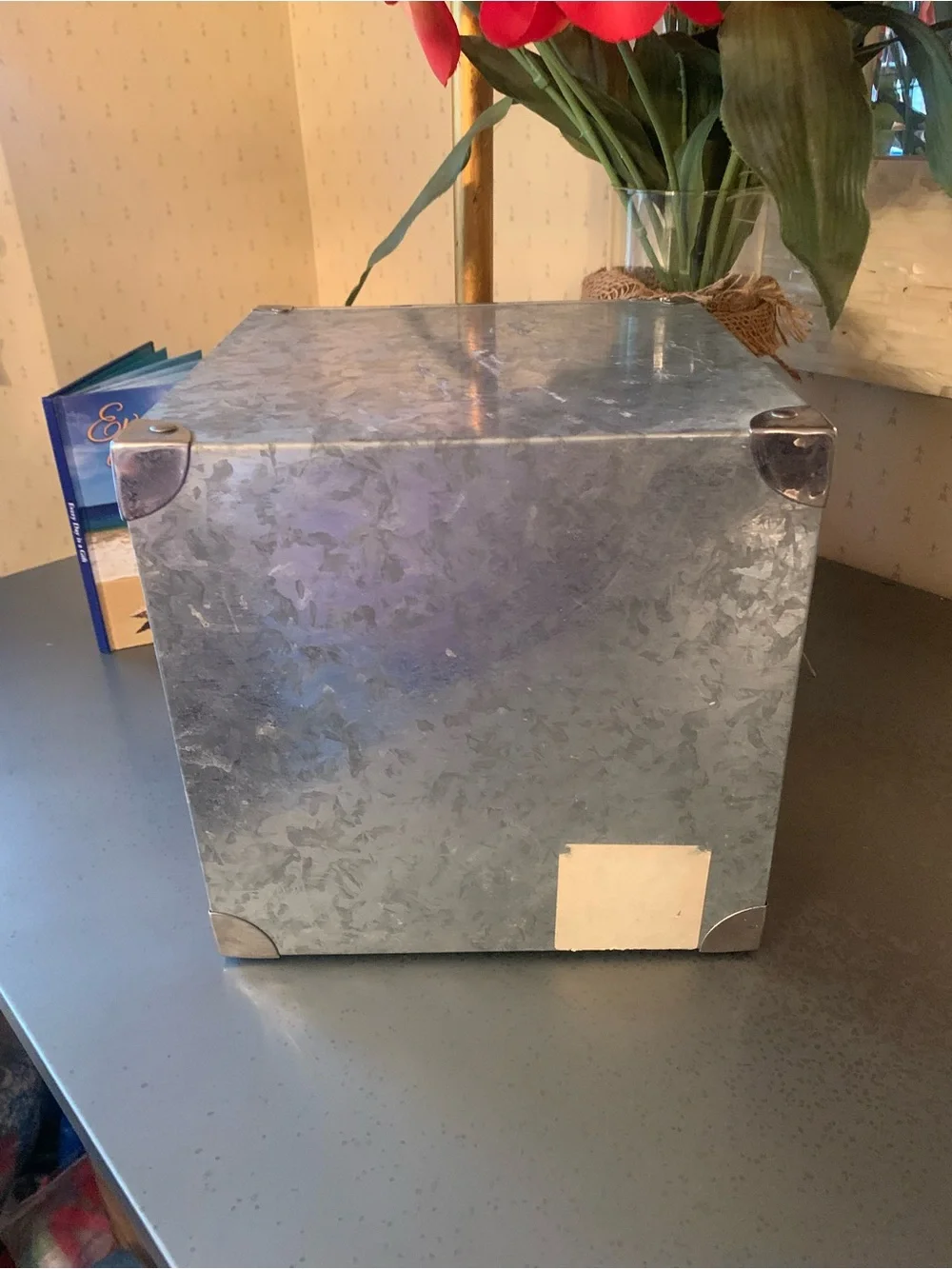 Galvanized metal desk top, inset label holders 4 drawer storage chest metal pull